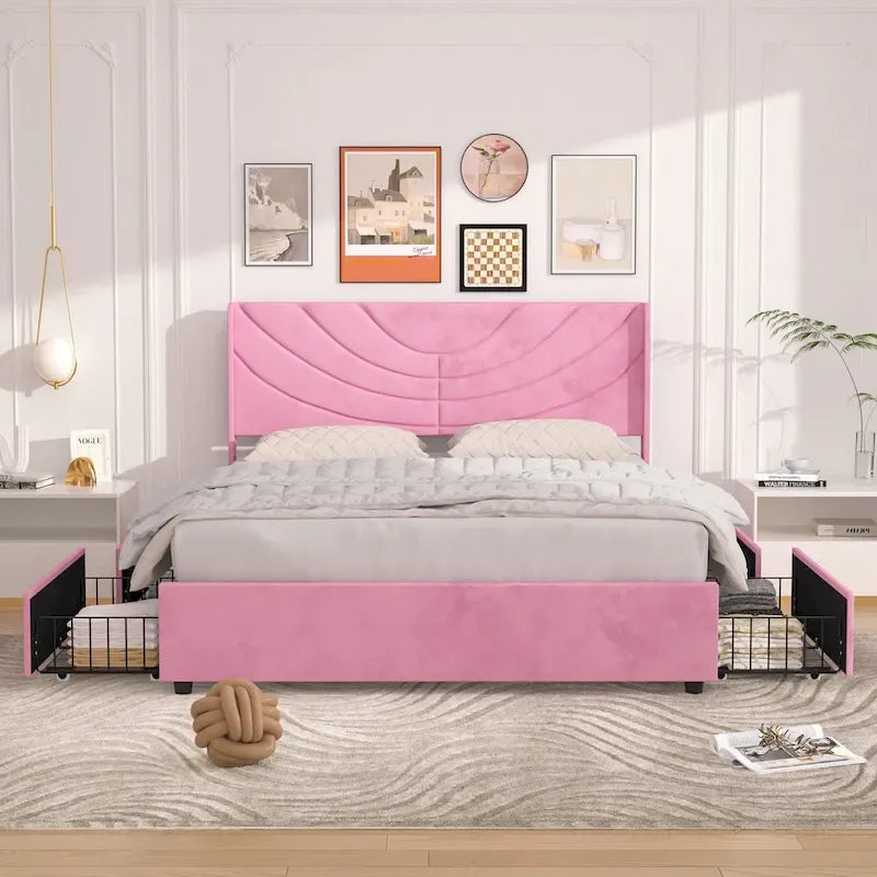 Base de cama tapizada con cabecera y 4 cajones de almacenamiento