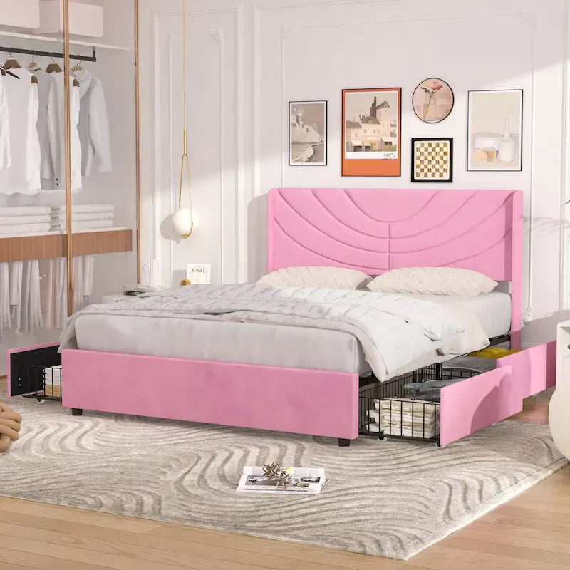 Base de cama tapizada con cabecera y 4 cajones de almacenamiento
