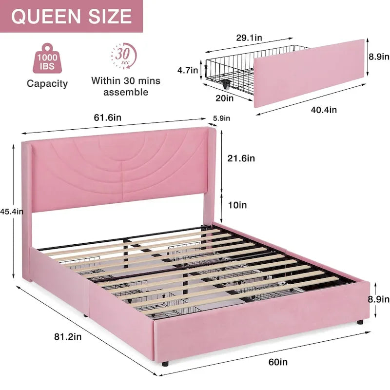 Base de cama tapizada con cabecera y 4 cajones de almacenamiento