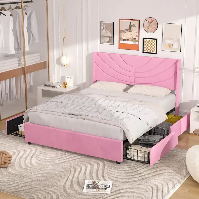 Base de cama tapizada con cabecera y 4 cajones de almacenamiento