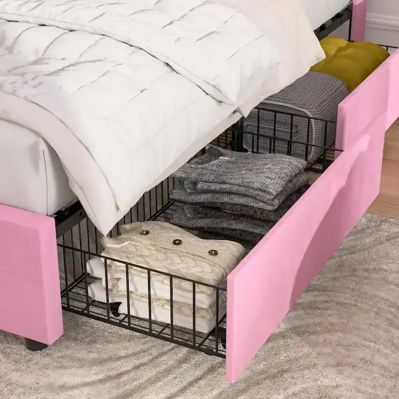 Base de cama tapizada con cabecera y 4 cajones de almacenamiento