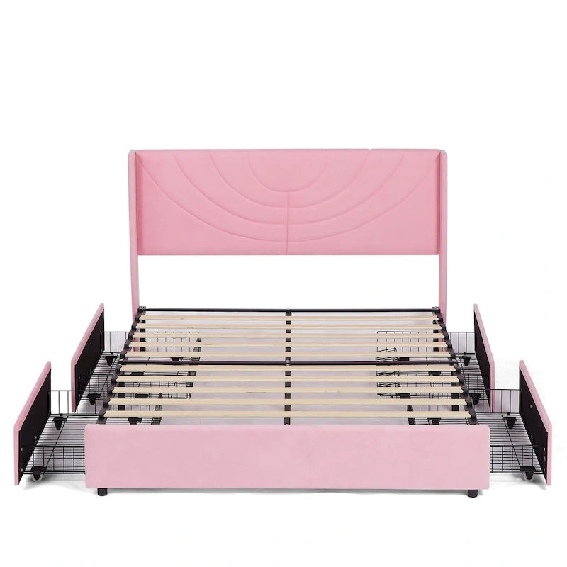 Base de cama tapizada con cabecera y 4 cajones de almacenamiento