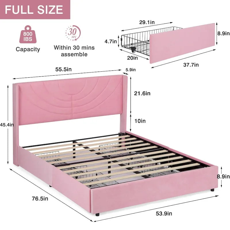 Base de cama tapizada con cabecera y 4 cajones de almacenamiento