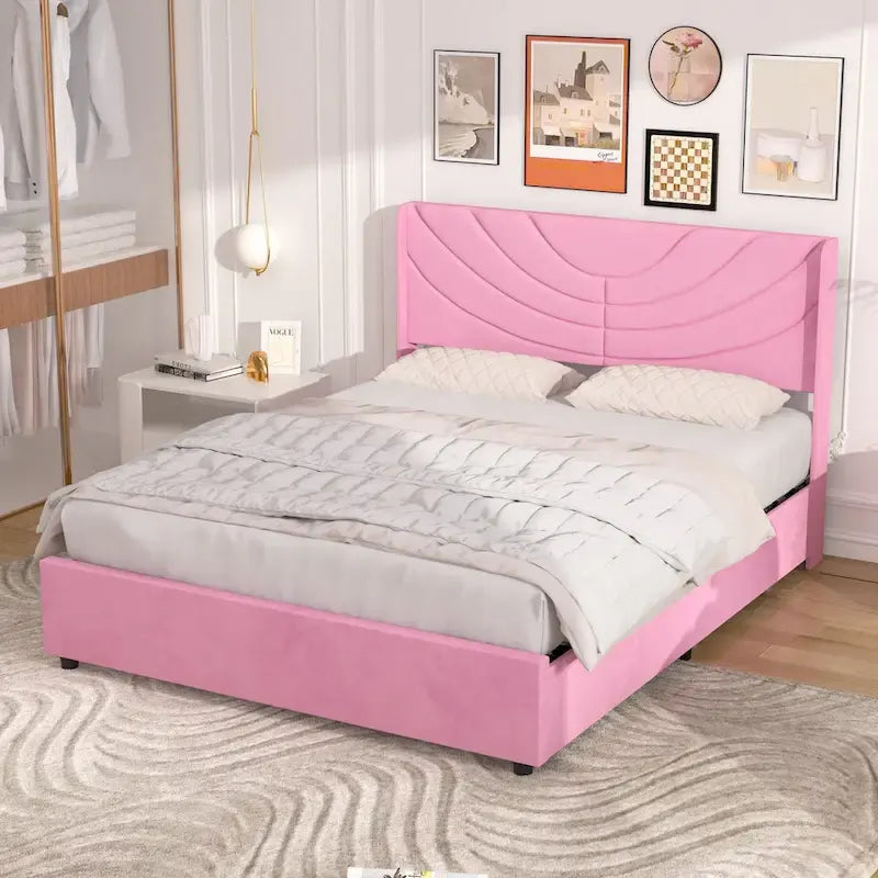 Base de cama tapizada con cabecera y 4 cajones de almacenamiento