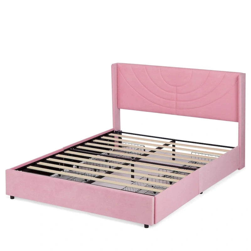 Base de cama tapizada con cabecera y 4 cajones de almacenamiento