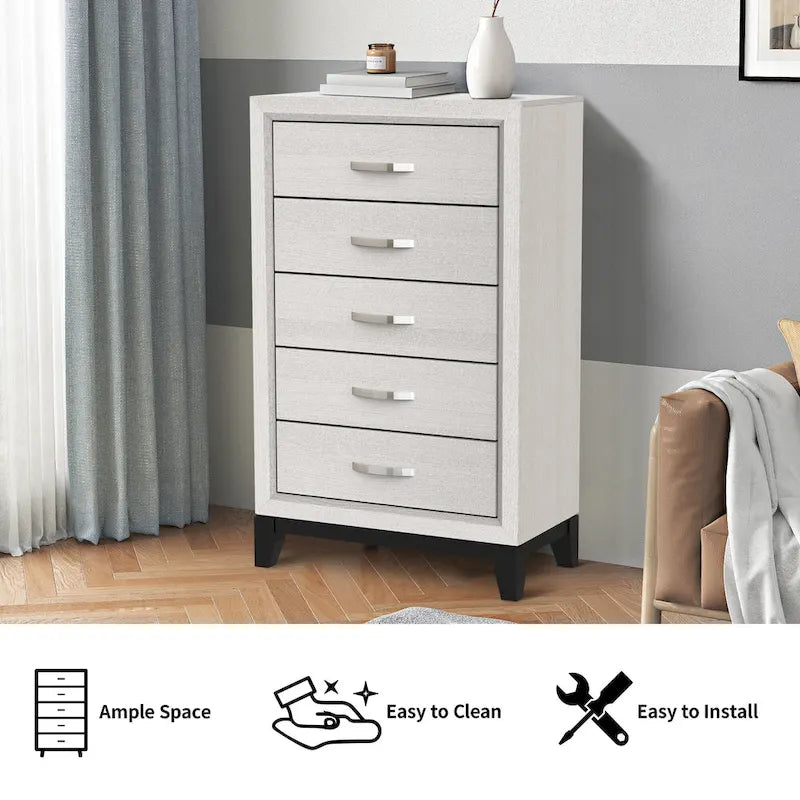Cómoda de almacenamiento de 5 cajones, alta y moderna, de 51 pulgadas, de madera blanca con tiradores de metal.