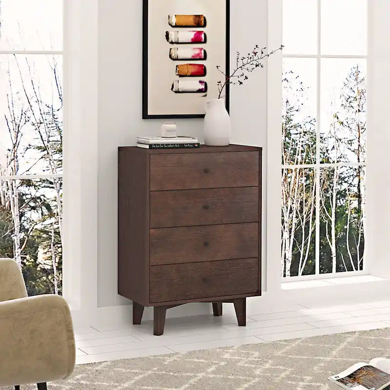Cómoda de madera maciza color marrón auburn con tirador retro