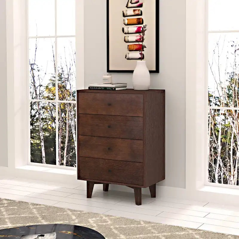 Cómoda de madera maciza color marrón auburn con tirador retro
