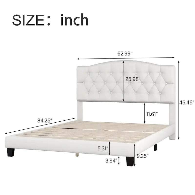 Cama de plataforma tapizada con cabecero curvado tipo silla de montar y detalles capitoné en forma de diamante