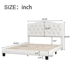 Cama de plataforma tapizada con cabecero curvado tipo silla de montar y detalles capitoné en forma de diamante