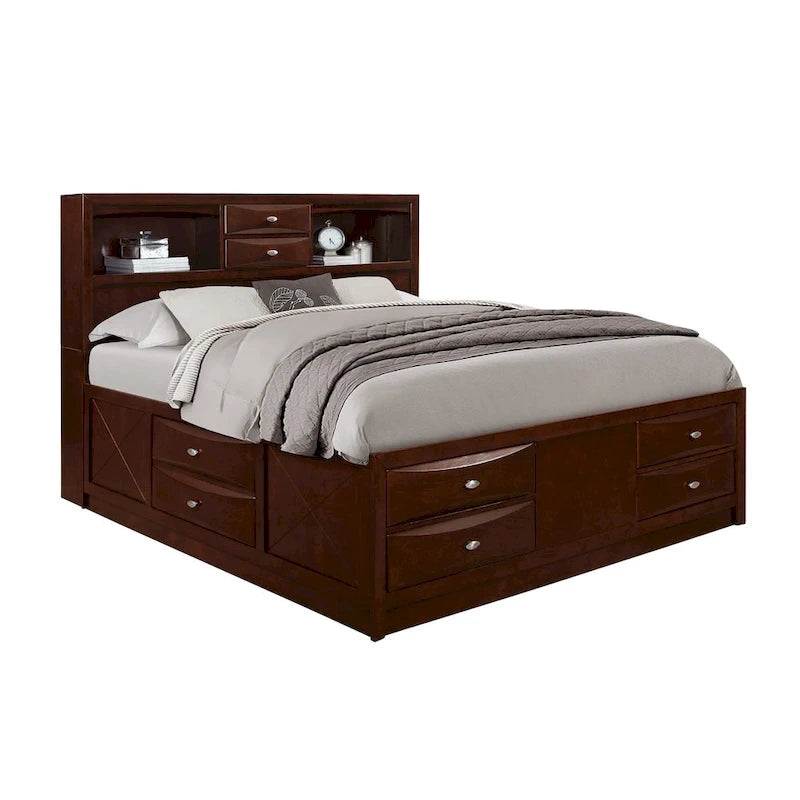 Cama de madera maciza color espresso con ocho cajones