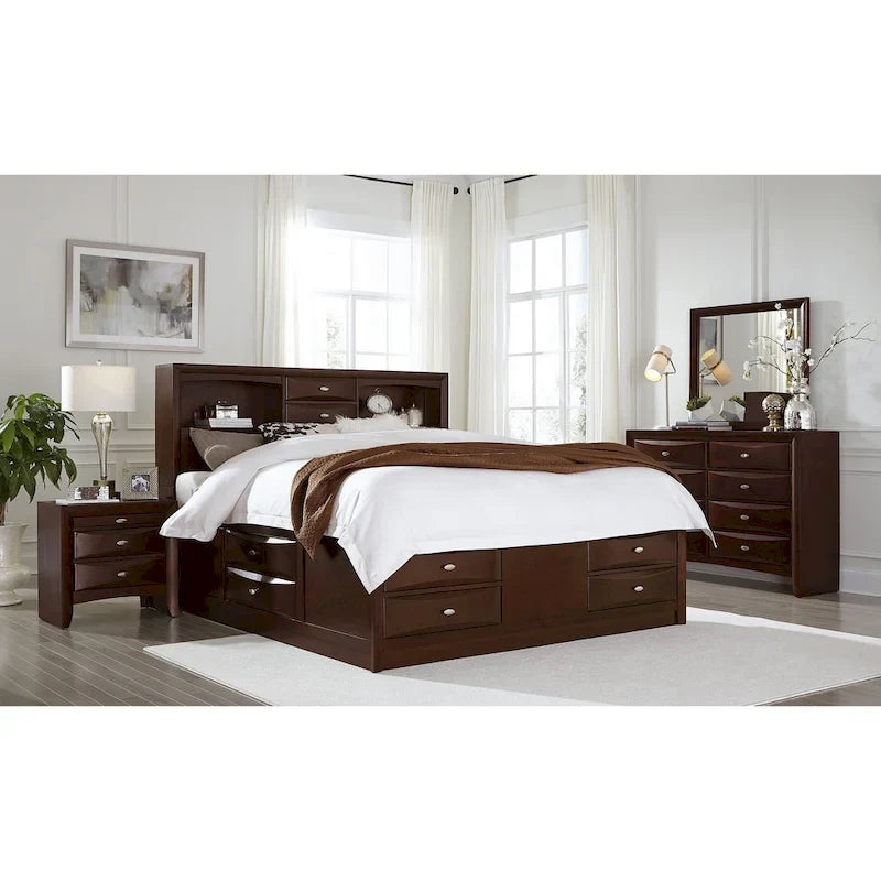 Cama de madera maciza color espresso con ocho cajones