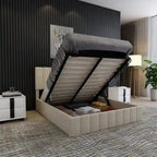 Cama plataforma tapizada en lino tamaño Queen con sistema de almacenamiento elevable