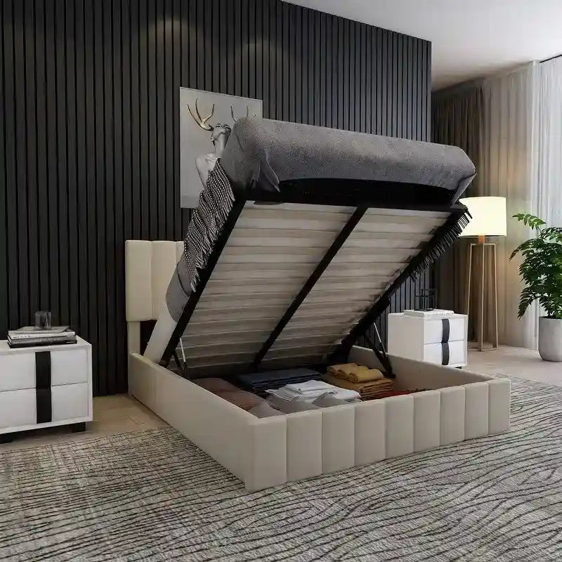 Cama plataforma tapizada en lino tamaño Queen con sistema de almacenamiento elevable