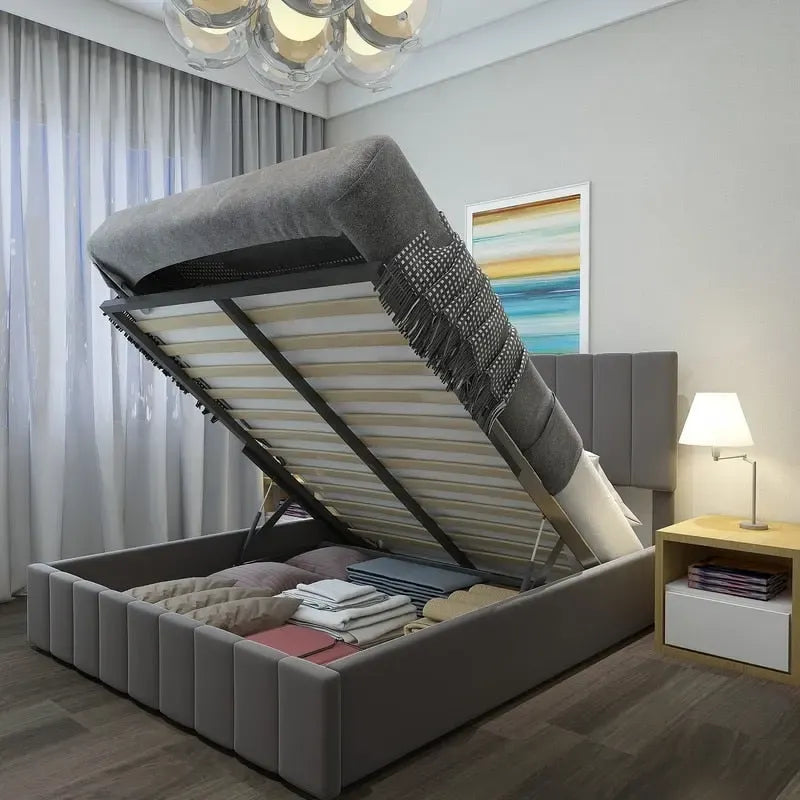 Cama plataforma tapizada en lino tamaño Queen con sistema de almacenamiento elevable