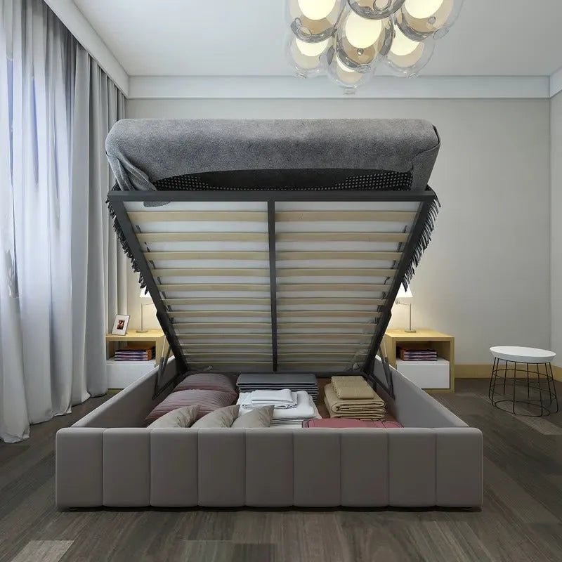 Cama plataforma tapizada en lino tamaño Queen con sistema de almacenamiento elevable