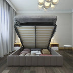Cama plataforma tapizada en lino tamaño Queen con sistema de almacenamiento elevable