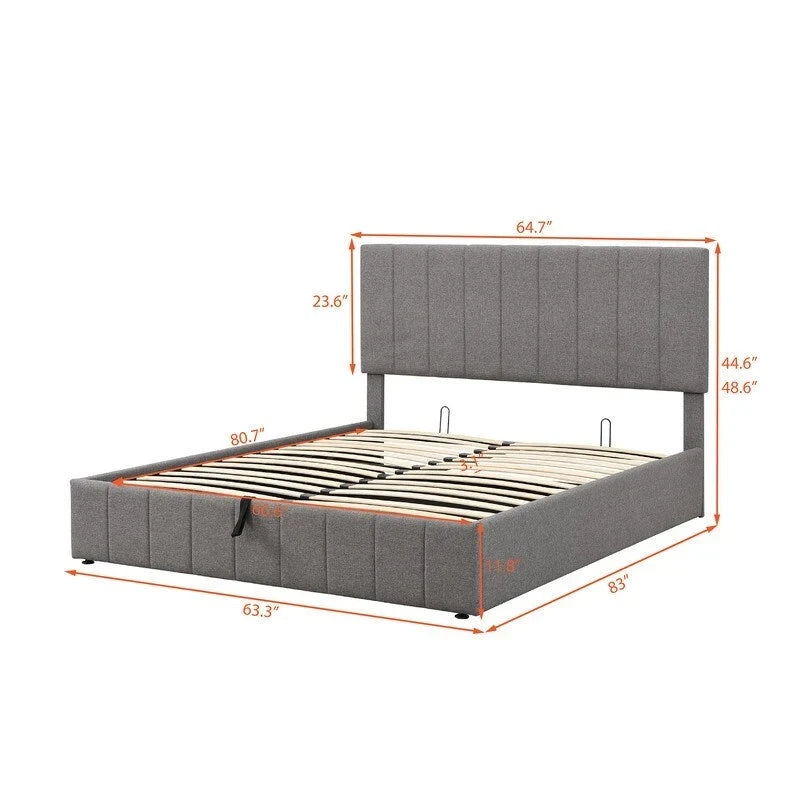 Cama plataforma tapizada en lino tamaño Queen con sistema de almacenamiento elevable