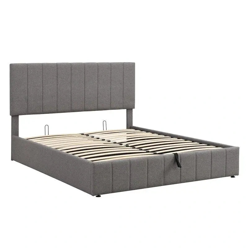 Cama plataforma tapizada en lino tamaño Queen con sistema de almacenamiento elevable