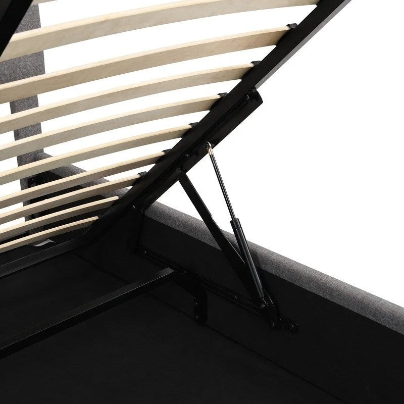 Cama plataforma tapizada en lino tamaño Queen con sistema de almacenamiento elevable