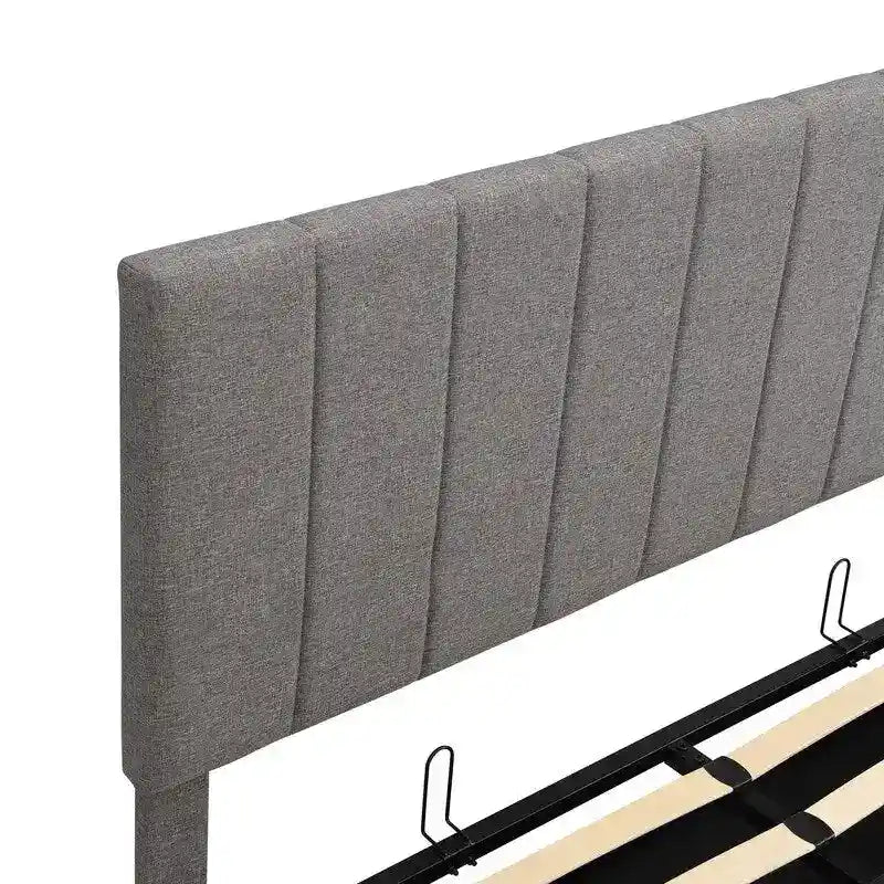 Cama plataforma tapizada en lino tamaño Queen con sistema de almacenamiento elevable