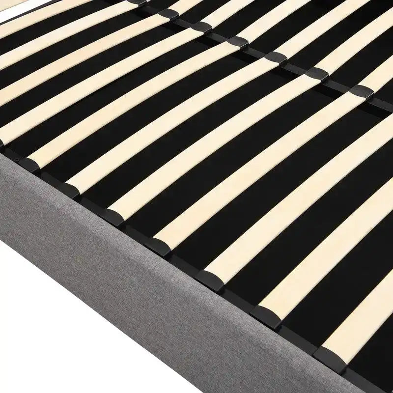 Cama plataforma tapizada en lino tamaño Queen con sistema de almacenamiento elevable