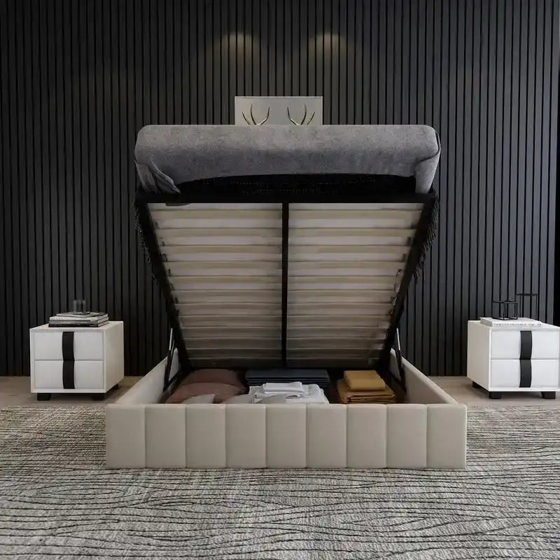 Cama plataforma tapizada en lino tamaño Queen con sistema de almacenamiento elevable