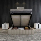 Cama plataforma tapizada en lino tamaño Queen con sistema de almacenamiento elevable
