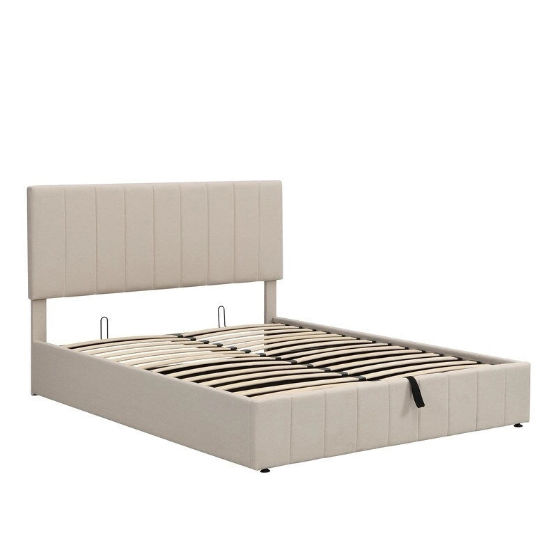 Cama plataforma tapizada en lino tamaño Queen con sistema de almacenamiento elevable