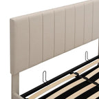 Cama plataforma tapizada en lino tamaño Queen con sistema de almacenamiento elevable