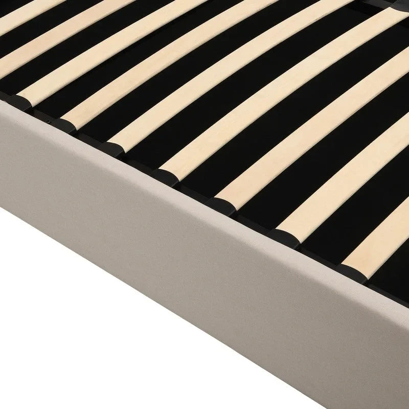 Cama plataforma tapizada en lino tamaño Queen con sistema de almacenamiento elevable