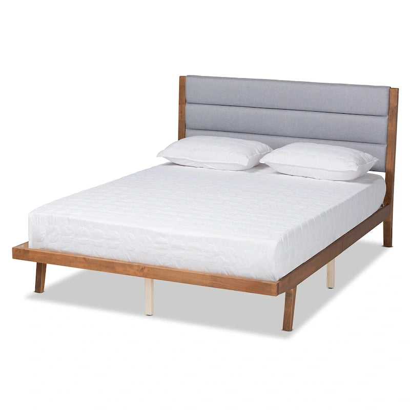 Cama de plataforma de madera tapizada de tela de transición - Gris claro