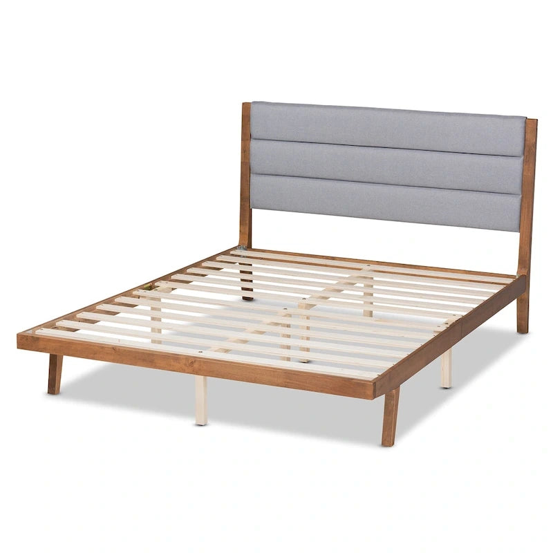 Cama de plataforma de madera tapizada de tela de transición - Gris claro