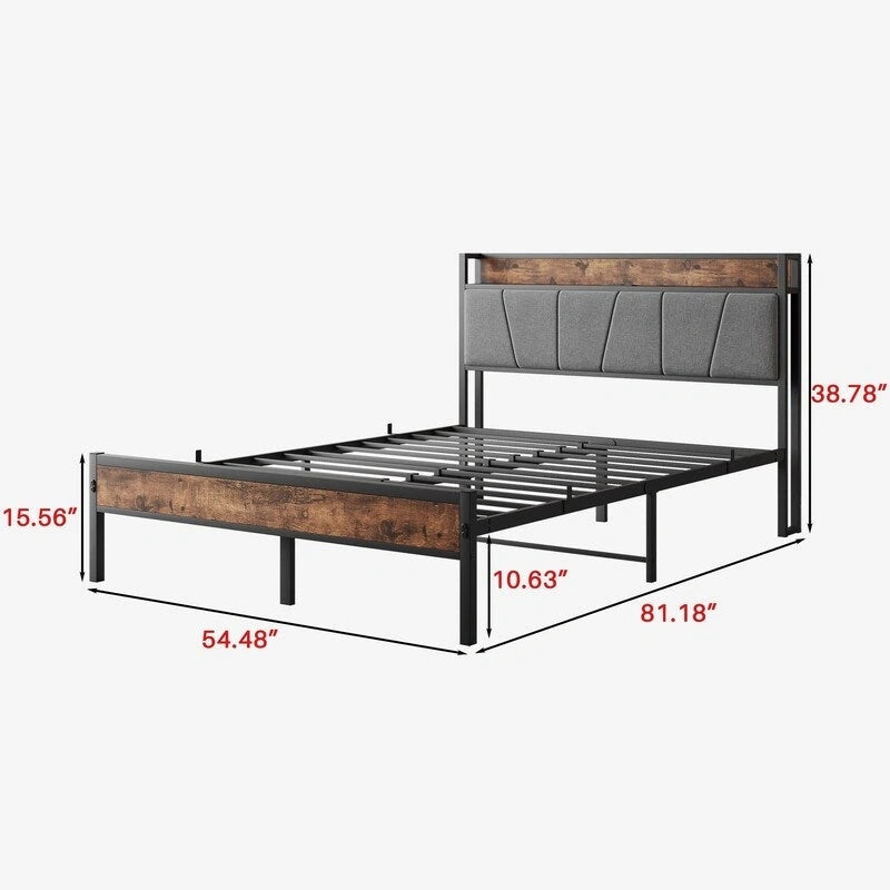 Cama con plataforma de metal y madera con cabecero de lino y estación de carga