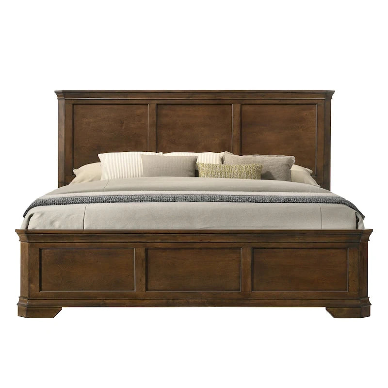 Cama tradicional de paneles de madera Maderne, acabado nogal antiguo