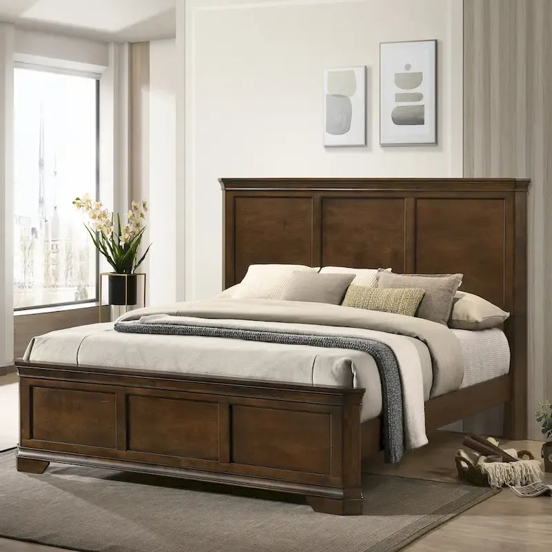 Cama tradicional de paneles de madera Maderne, acabado nogal antiguo