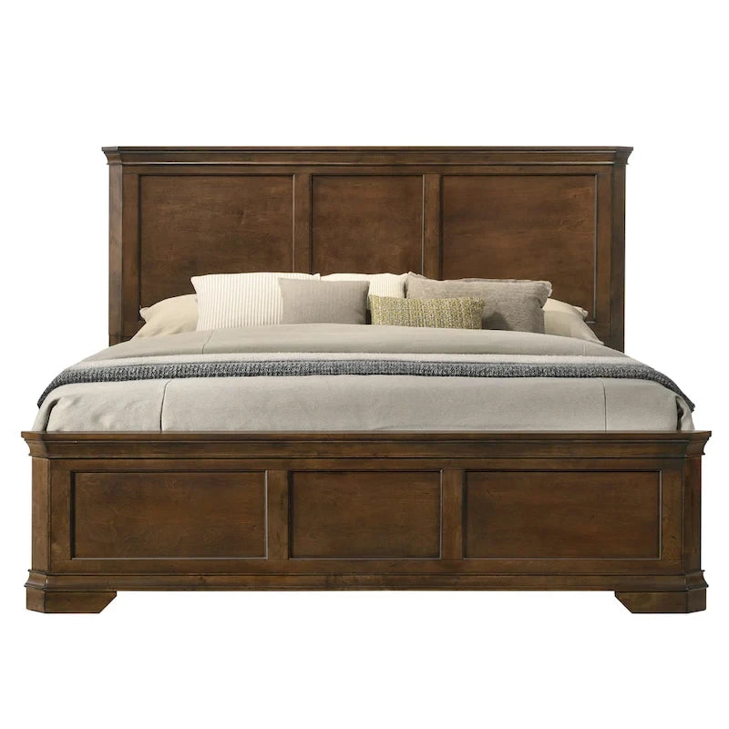 Cama tradicional de paneles de madera Maderne, acabado nogal antiguo