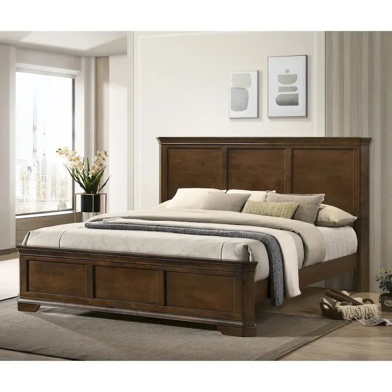 Cama tradicional de paneles de madera Maderne, acabado nogal antiguo