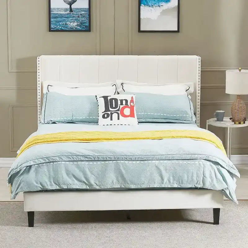 Base de cama tapizada con capitoné tamaño Queen, perfil bajo de terciopelo, tipo plataforma con cabecera de ala elevada