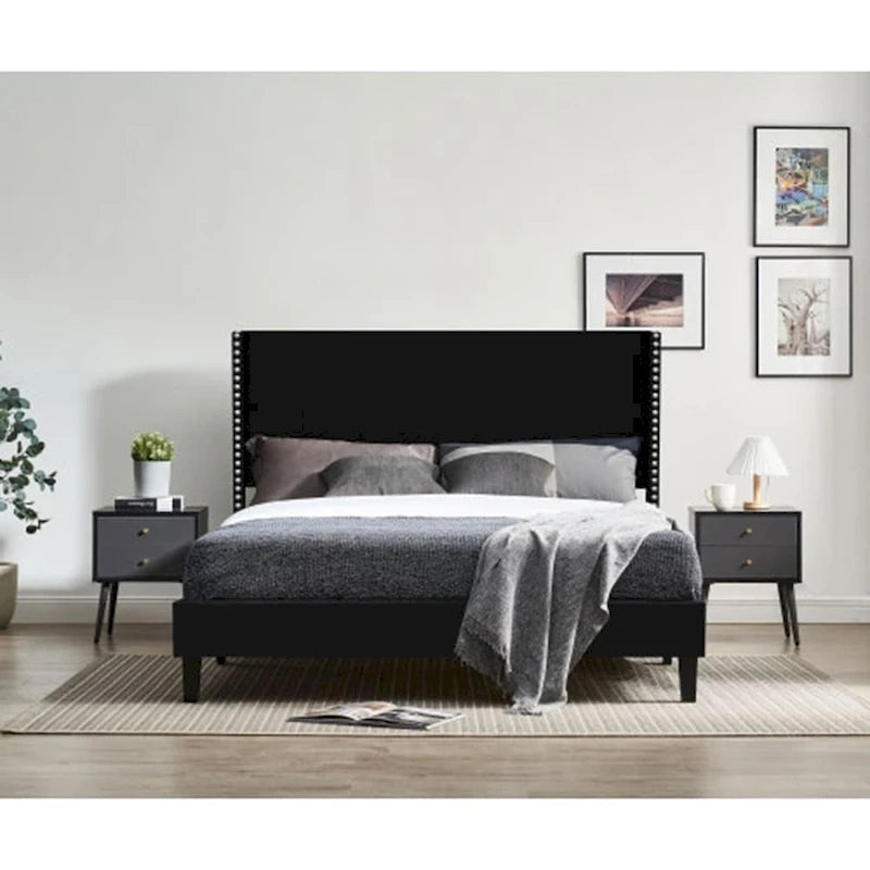 Base de cama tapizada con capitoné tamaño Queen, perfil bajo de terciopelo, tipo plataforma con cabecera de ala elevada