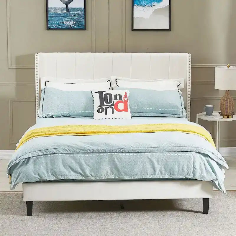 Base de cama tapizada con capitoné tamaño Queen, perfil bajo de terciopelo, tipo plataforma con cabecera de ala elevada