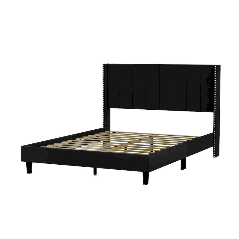 Base de cama tapizada con capitoné tamaño Queen, perfil bajo de terciopelo, tipo plataforma con cabecera de ala elevada