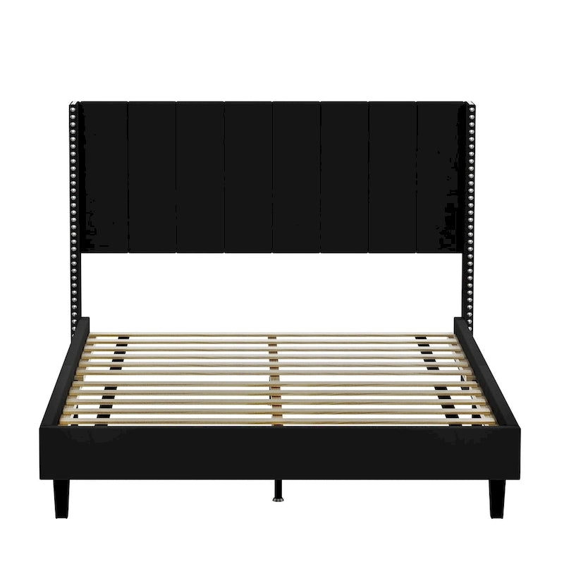 Base de cama tapizada con capitoné tamaño Queen, perfil bajo de terciopelo, tipo plataforma con cabecera de ala elevada