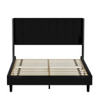 Base de cama tapizada con capitoné tamaño Queen, perfil bajo de terciopelo, tipo plataforma con cabecera de ala elevada