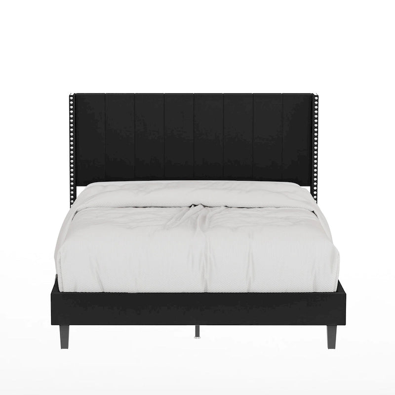 Base de cama tapizada con capitoné tamaño Queen, perfil bajo de terciopelo, tipo plataforma con cabecera de ala elevada