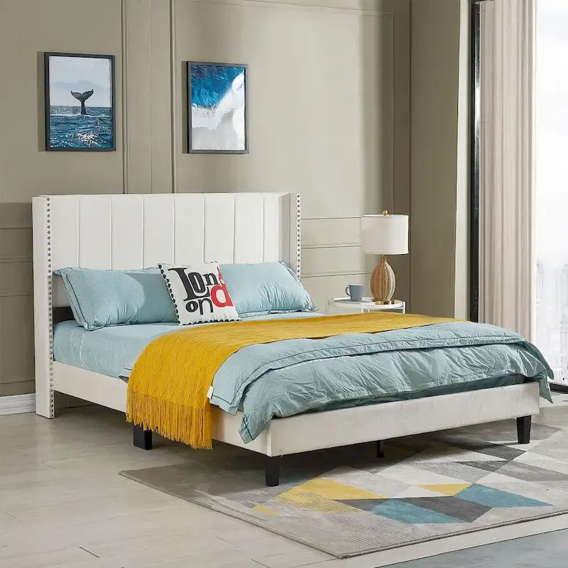 Base de cama tapizada con capitoné tamaño Queen, perfil bajo de terciopelo, tipo plataforma con cabecera de ala elevada