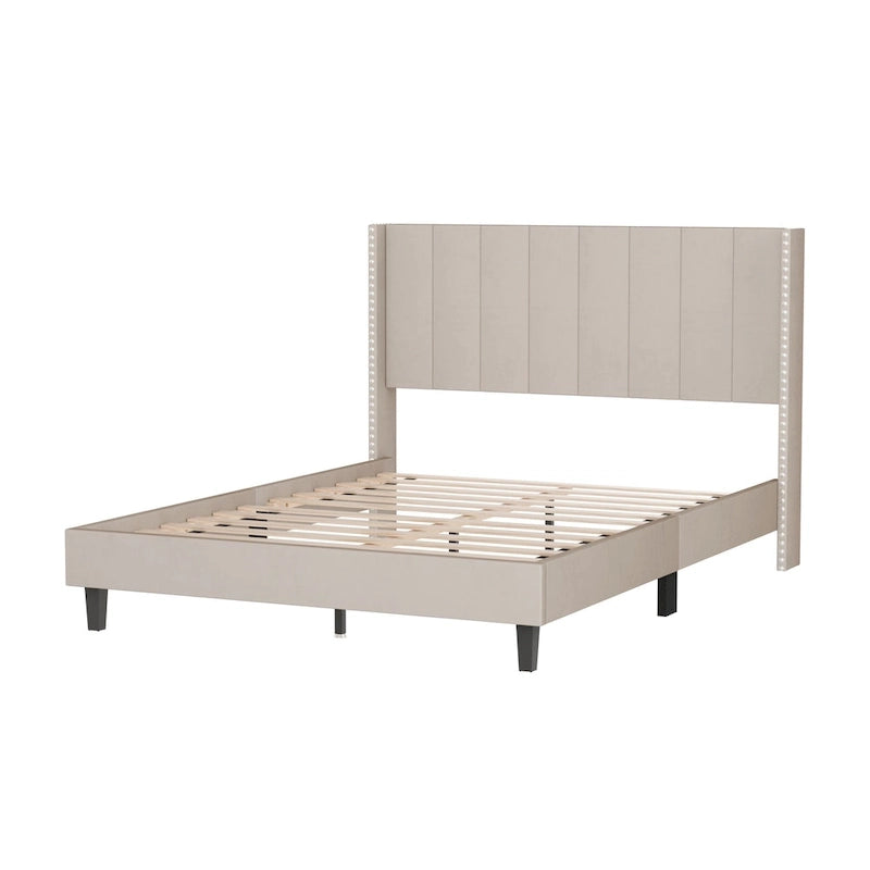 Base de cama tapizada con capitoné tamaño Queen, perfil bajo de terciopelo, tipo plataforma con cabecera de ala elevada