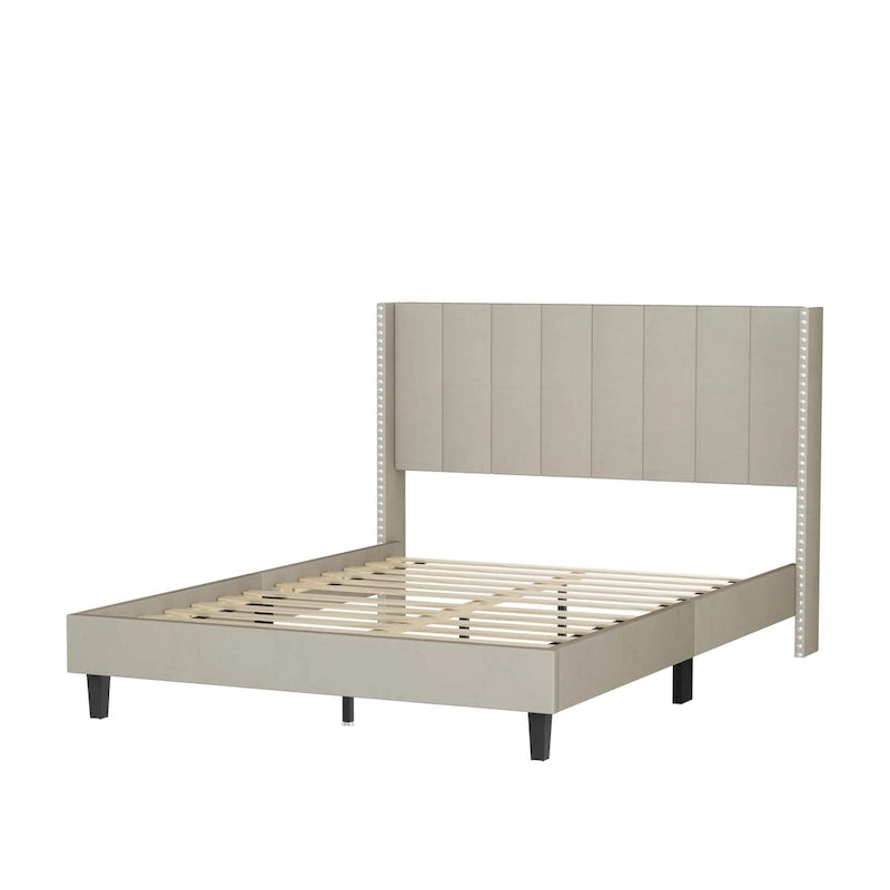 Base de cama tapizada con capitoné tamaño Queen, perfil bajo de terciopelo, tipo plataforma con cabecera de ala elevada
