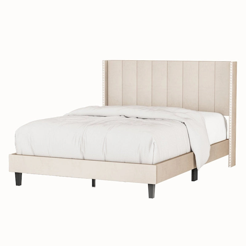 Base de cama tapizada con capitoné tamaño Queen, perfil bajo de terciopelo, tipo plataforma con cabecera de ala elevada