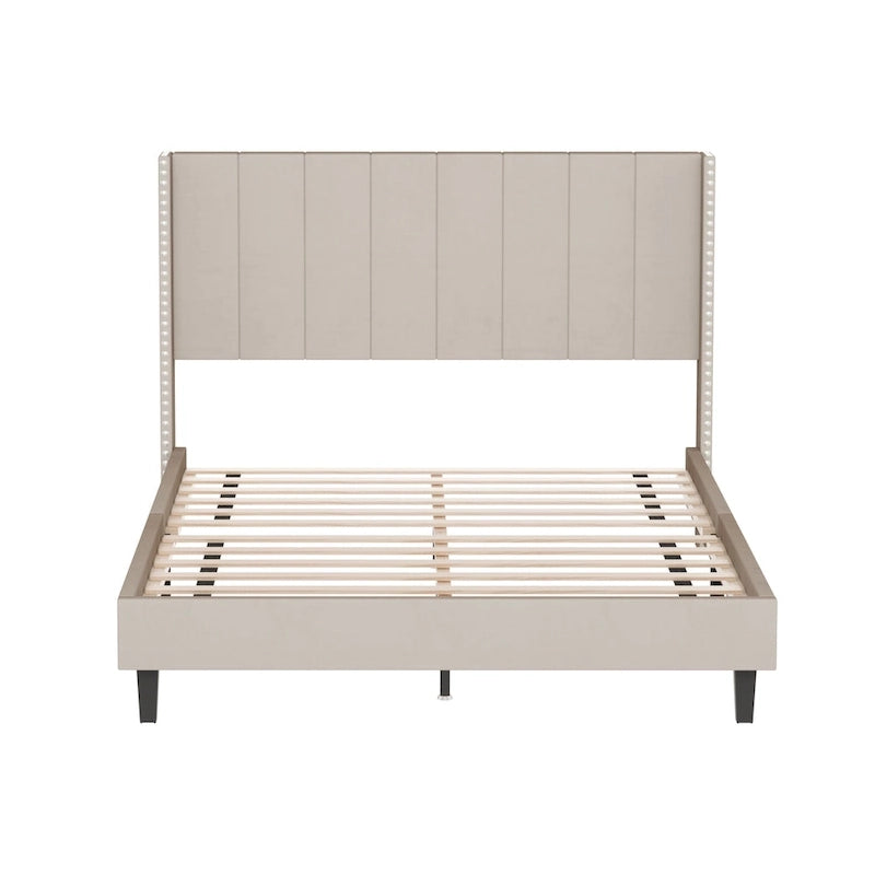 Base de cama tapizada con capitoné tamaño Queen, perfil bajo de terciopelo, tipo plataforma con cabecera de ala elevada
